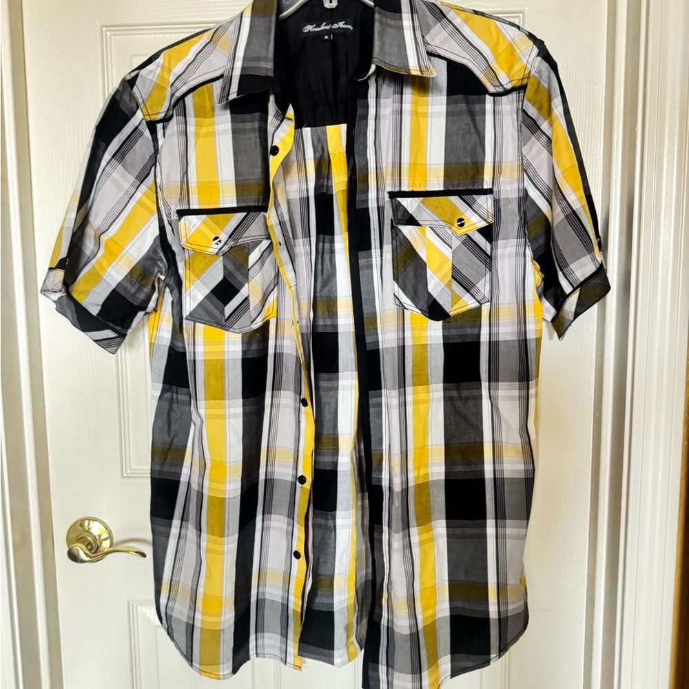 Black Label Men's Casual Plaid Shirt - Black, White, Yellow